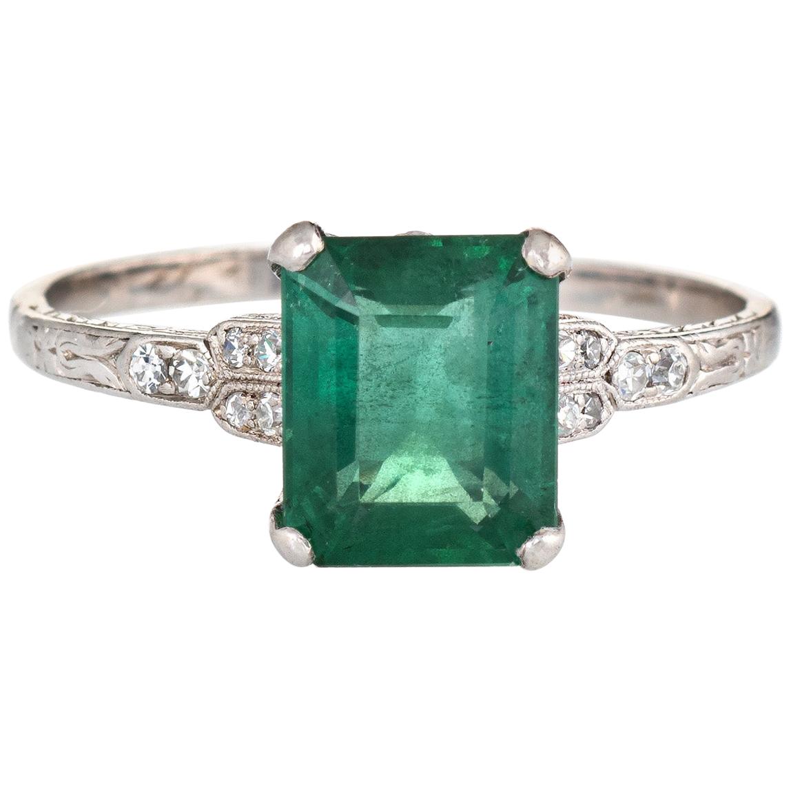Art Deco 2 Carat Emerald Diamond Ring Platinum Gemstone Vintage Jewelry