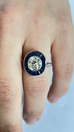 Art Deco 2ct Old European Cut Diamond & Sapphire Ring