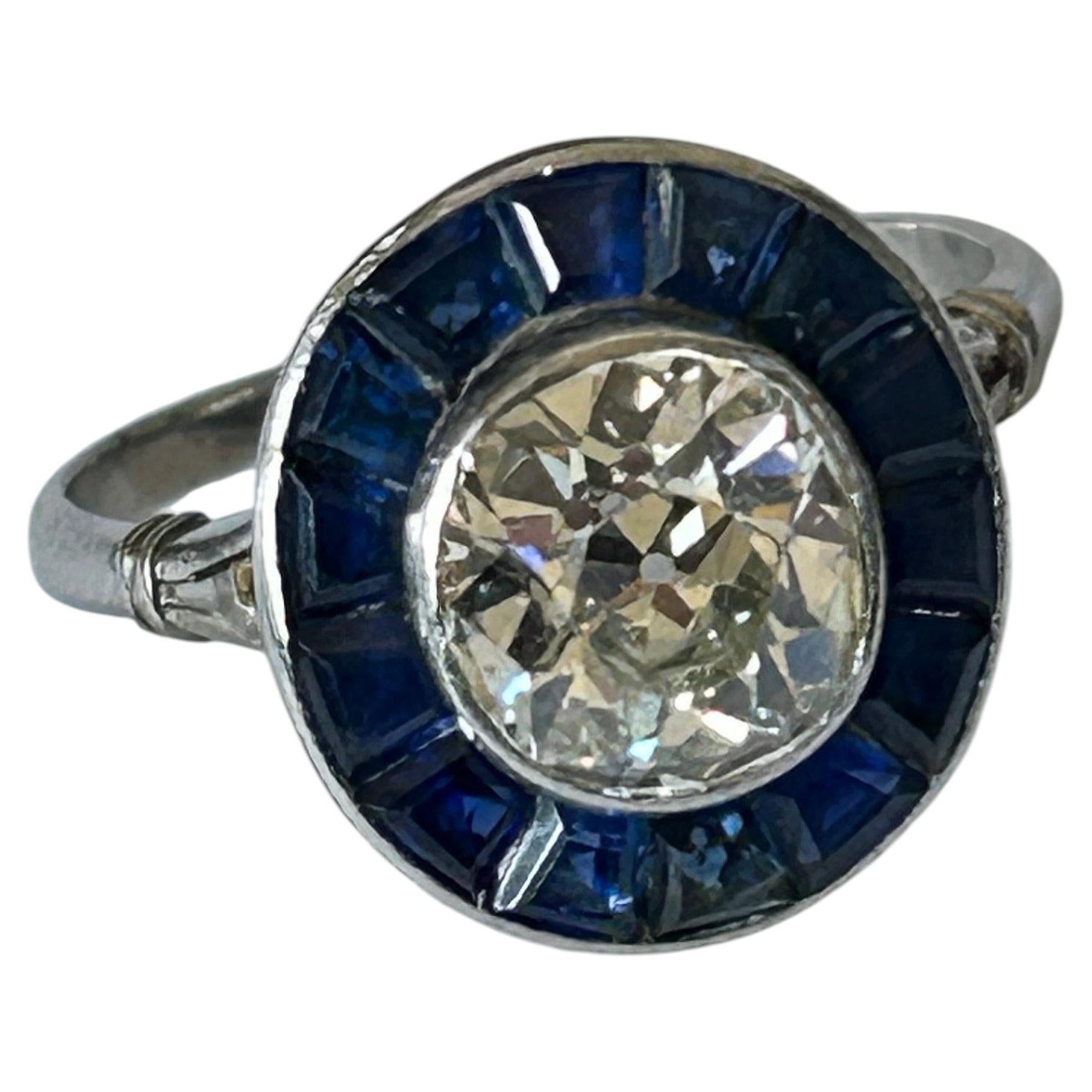 Art Deco 2ct Old European Cut Diamond & Sapphire Ring