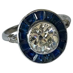 Art Deco 2ct Old European Cut Diamond & Sapphire Ring
