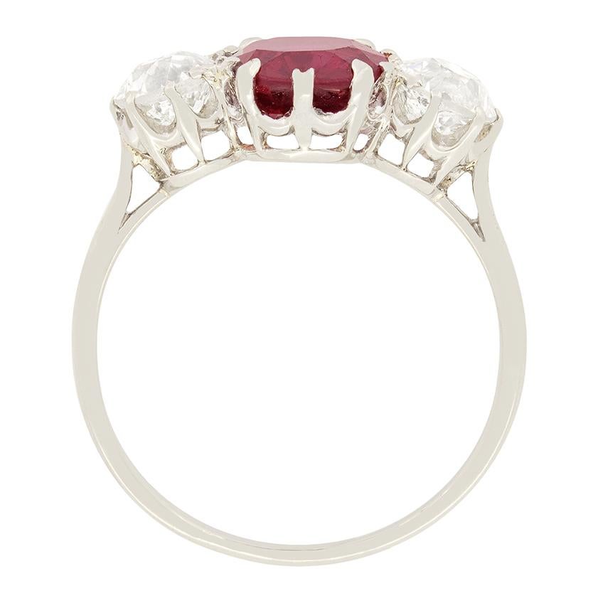 Oval Cut Art Deco 2ct Ruby and Diamond Three Stone Ring, c.1920s For Sale