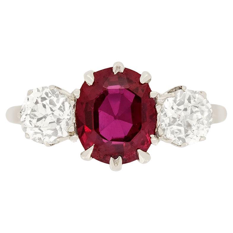 Art Deco 2ct Ruby and Diamond Three Stone Ring, c.1920s