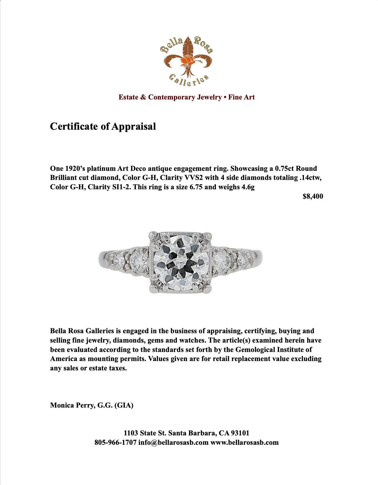 Art Deco 3/4 Carat Diamond Antique Engagement Ring For Sale 1