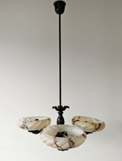 Art Deco 3-Arm Bronze Chandelier with Marble Glass Shades, Austria 1930s