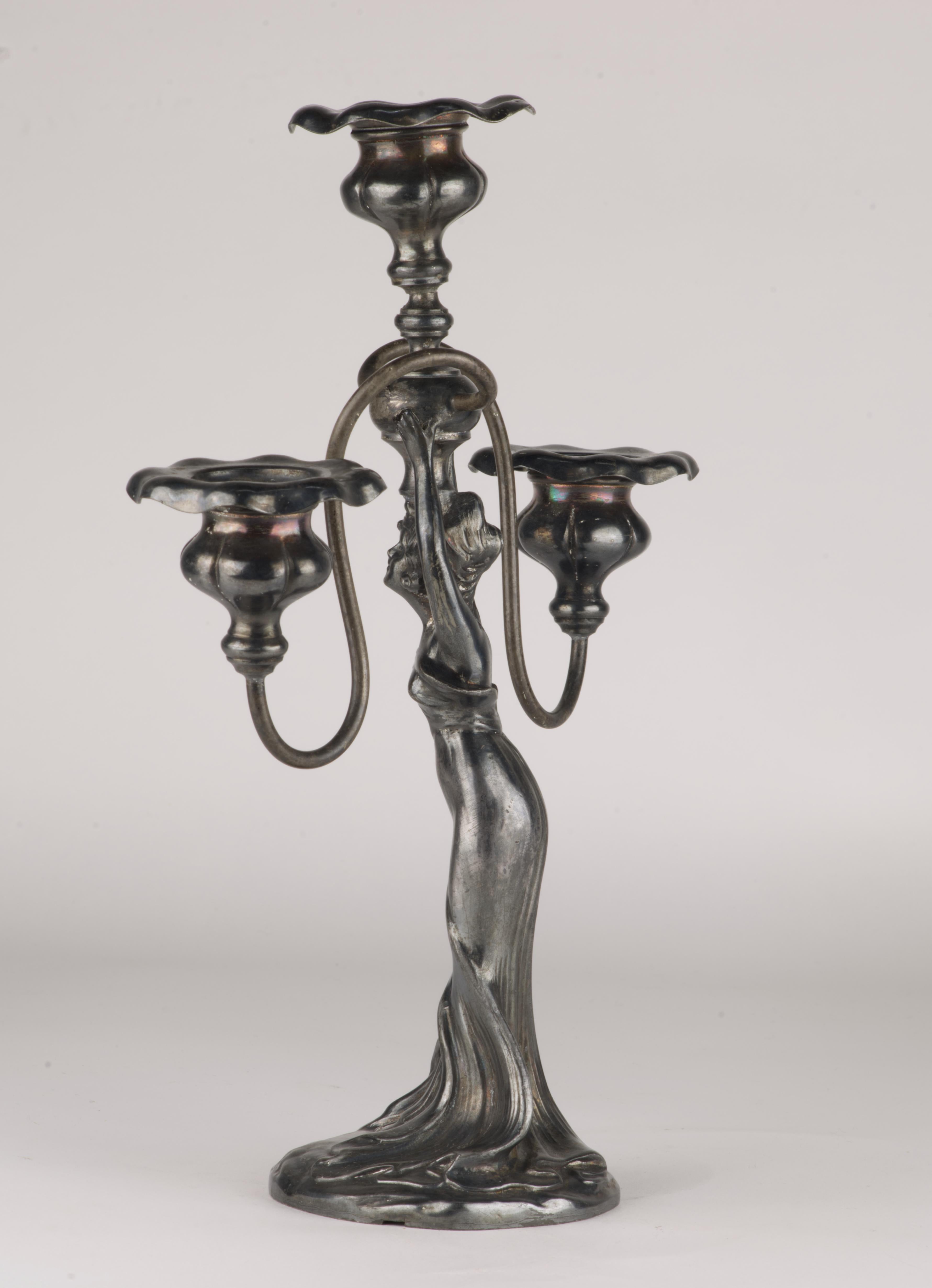 Art Deco 3-Arm Candelabra Woman Figure E.G. Webster & Sons In Good Condition For Sale In Clifton Springs, NY