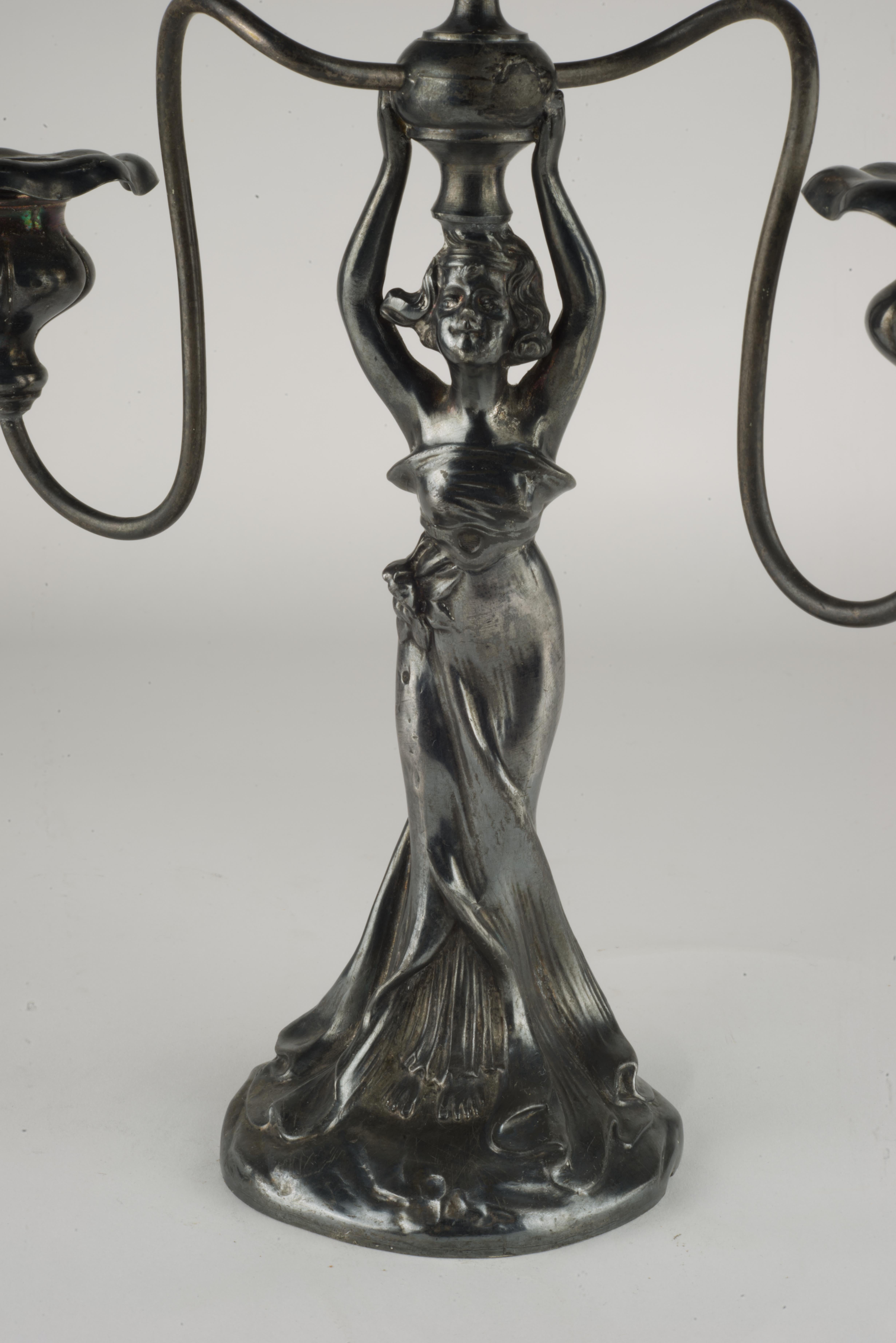 Silver Plate Art Deco 3-Arm Candelabra Woman Figure E.G. Webster & Sons For Sale