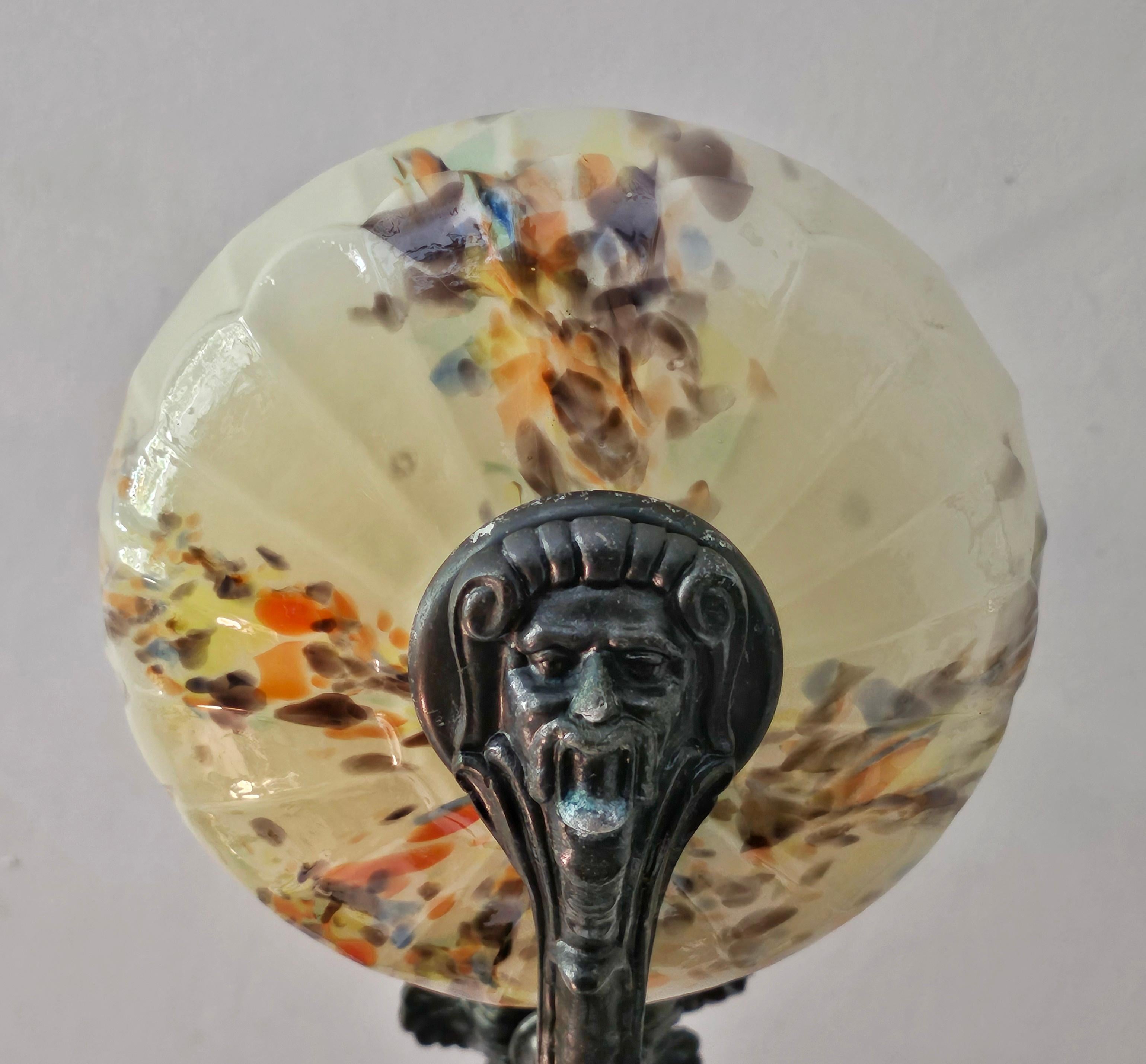 Art Deco 3-Arm Chandelier with Spotted Cream Glass Shades, Yugoslavia 1940s 4