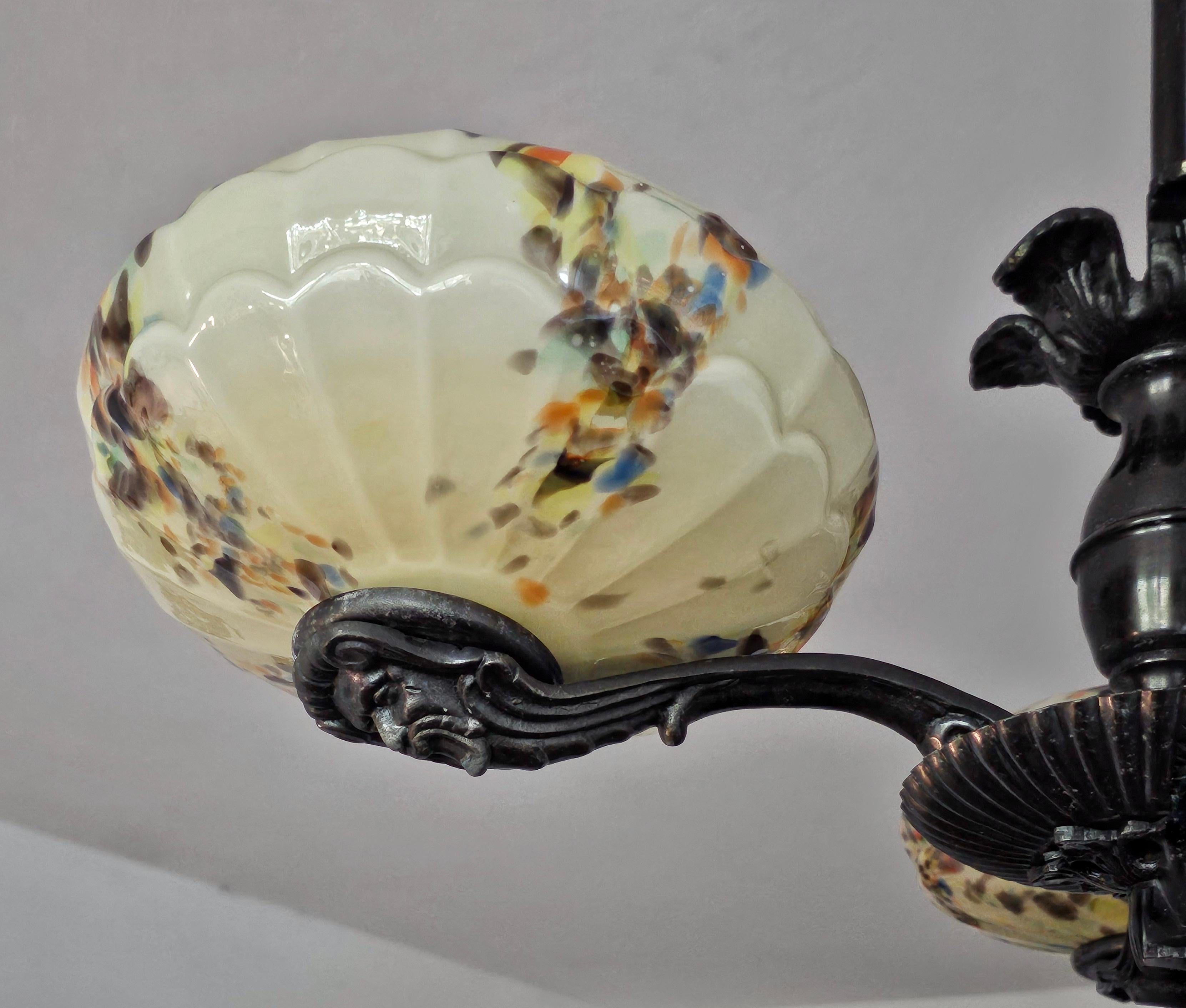 Art Deco 3-Arm Chandelier with Spotted Cream Glass Shades, Yugoslavia 1940s 6