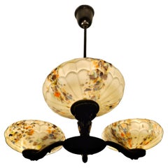 Art Deco 3-Arm Chandelier with Spotted Cream Glass Shades, Yugoslavia 1940s