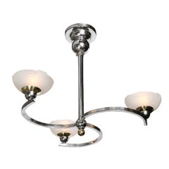Art Deco 3-Arm Streamlined Spiraled Chandelier in Chrome & Frosted Relief Glass
