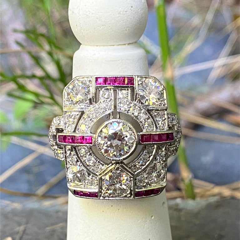 Art Deco 3 Carat Diamond and Ruby Tablet or Plaque Ring in Platinum ...