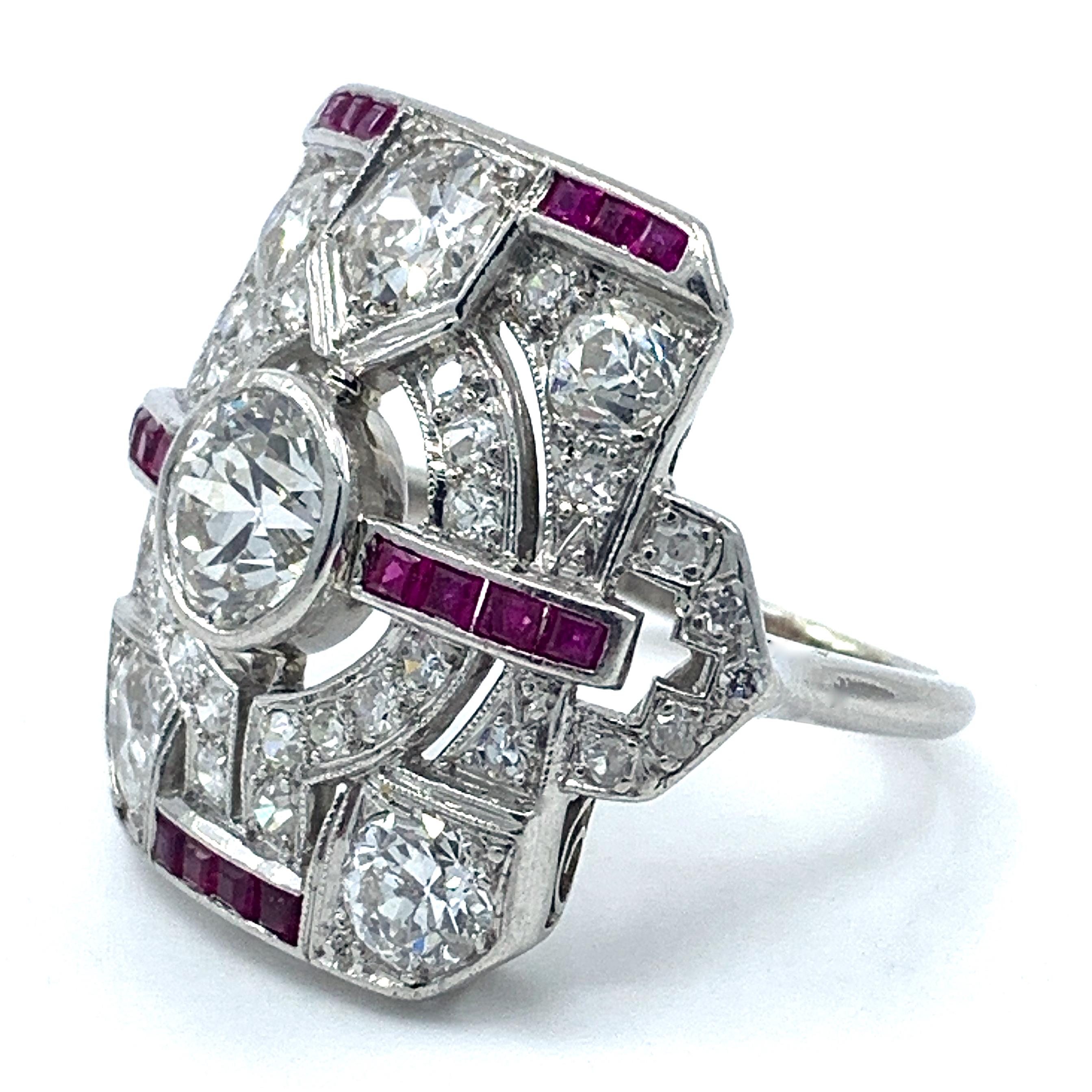 Women's Art Deco 3 Carat Diamond and Ruby Tablet or Plaque Ring in Platinum, Circa 1925 For Sale