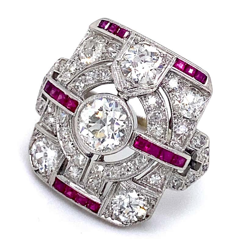 Art Deco 3 Carat Diamond and Ruby Tablet or Plaque Ring in Platinum ...
