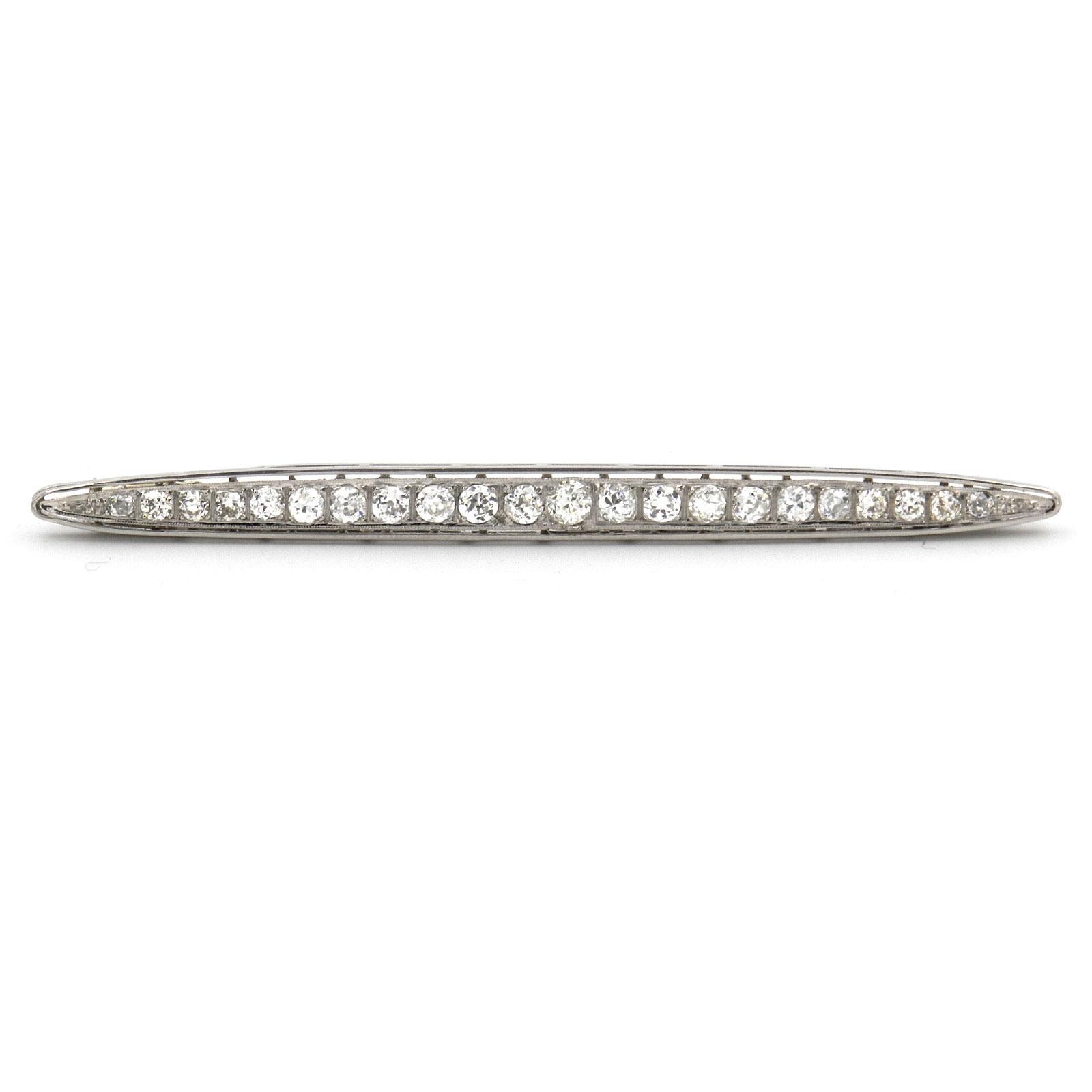 Art Deco 3 Carat Diamond 18K White Gold Bar Brooch Pin, circa 1930

Impressive 3,78 inch (9.6 cm) long diamond bar brooch in boat shape, set in a line of 22 diamonds with a total of 3.0 carat in old and transition cut, set in Platin, the pin is in