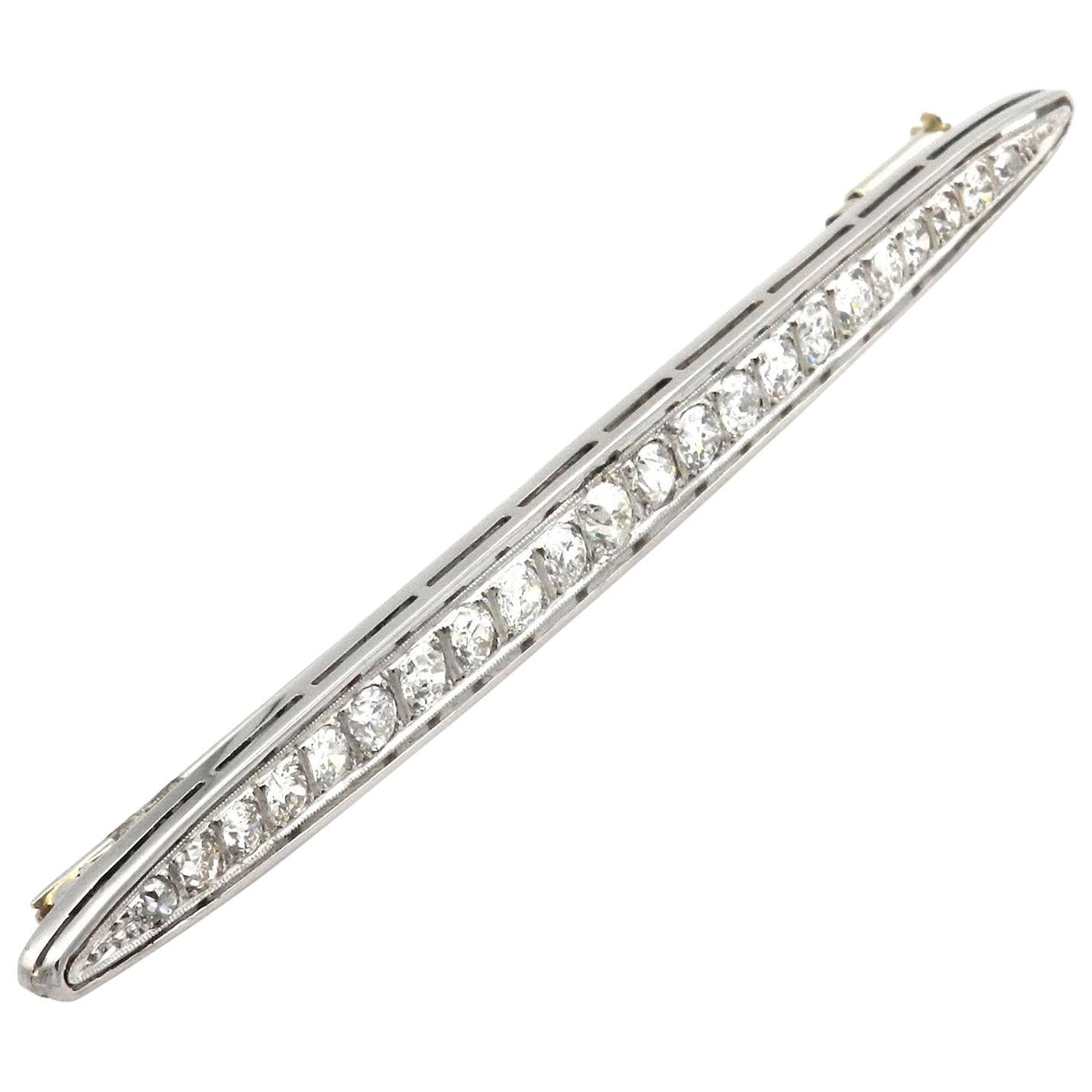 Art Deco 3 Carat Diamond Platin Gold Bar Brooch Pin, circa 1930