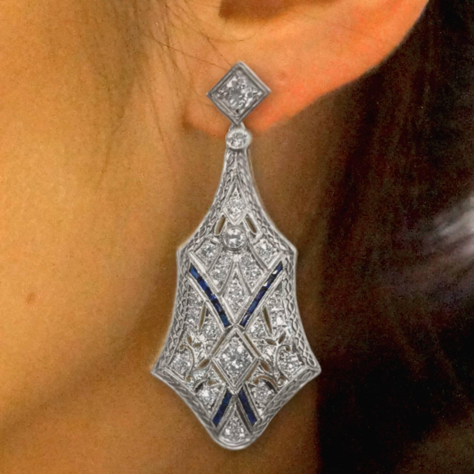 Round Cut Art Deco Style Shield Diamond Platinum Dangling Earrings