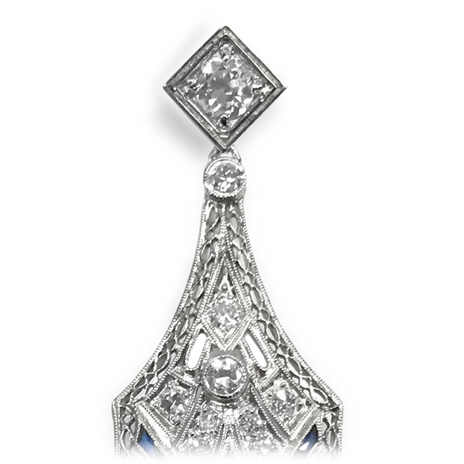 Art Deco Style Shield Diamond Platinum Dangling Earrings In Excellent Condition In New York, NY