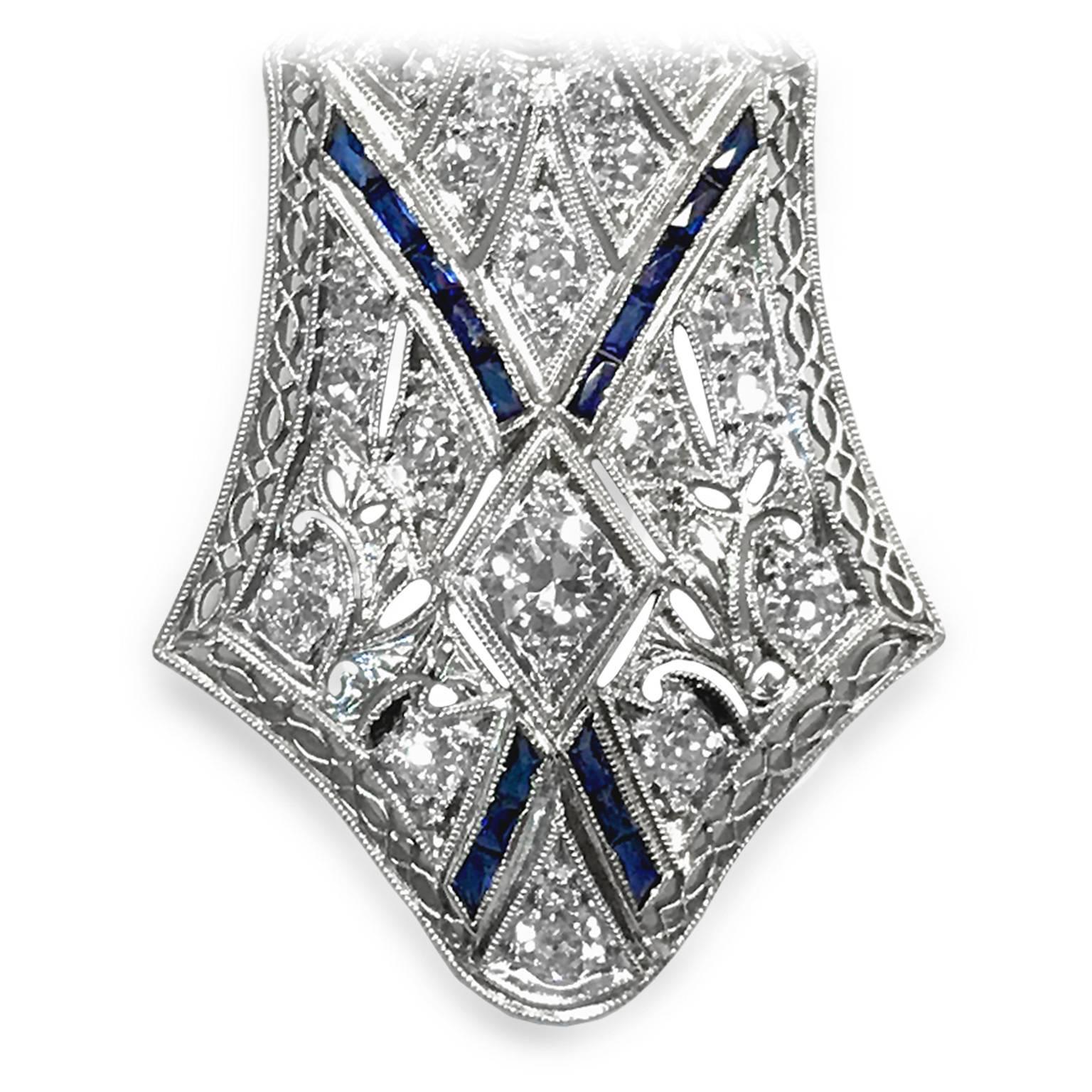 Women's or Men's Art Deco Style Shield Diamond Platinum Dangling Earrings