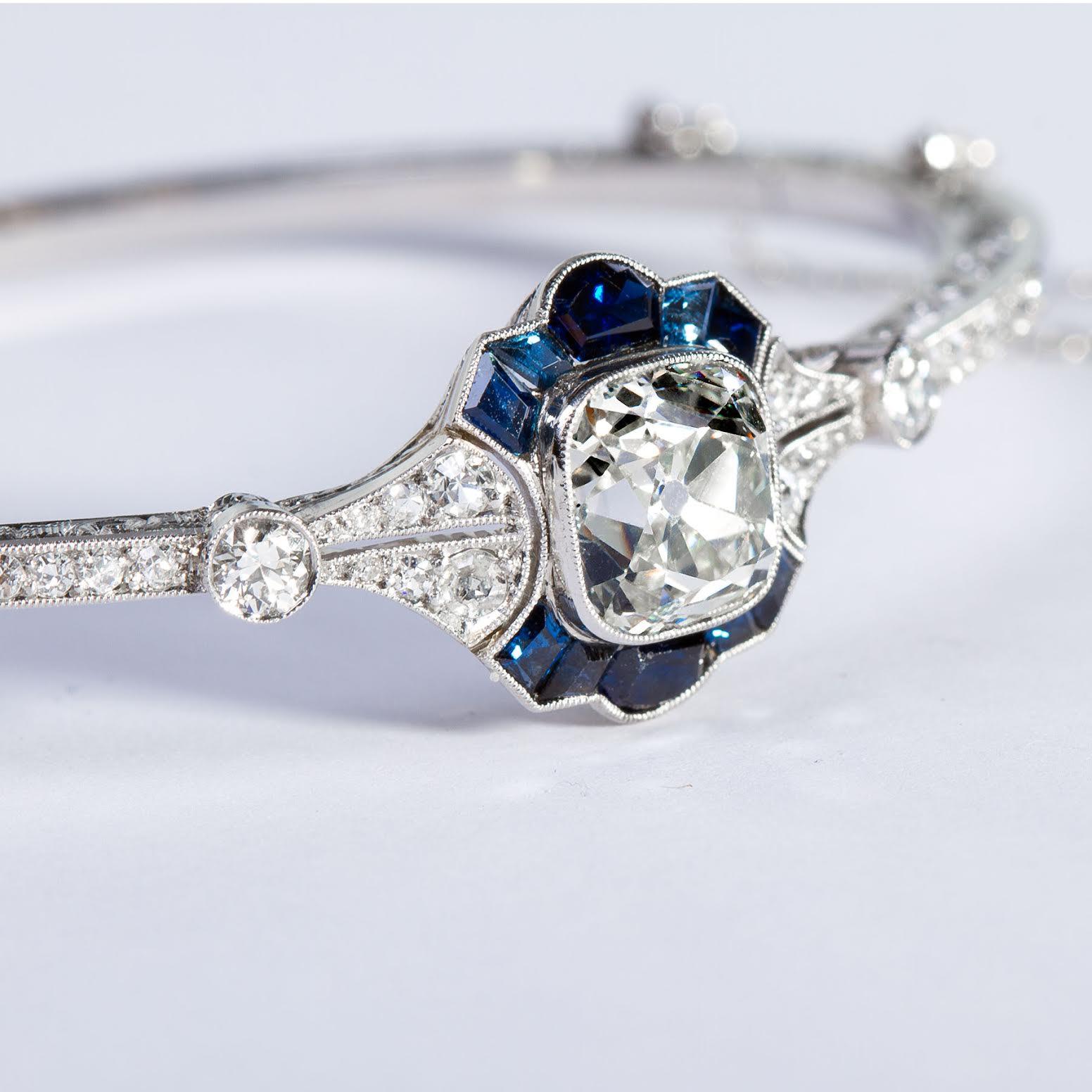 Old Mine Cut Art Deco 3 Carat Diamond Sapphire Bracelet