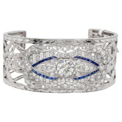 Art Deco 3 Carat Main Diamond Cuff Bracelet Set with Sapphires and Diamonds Plat