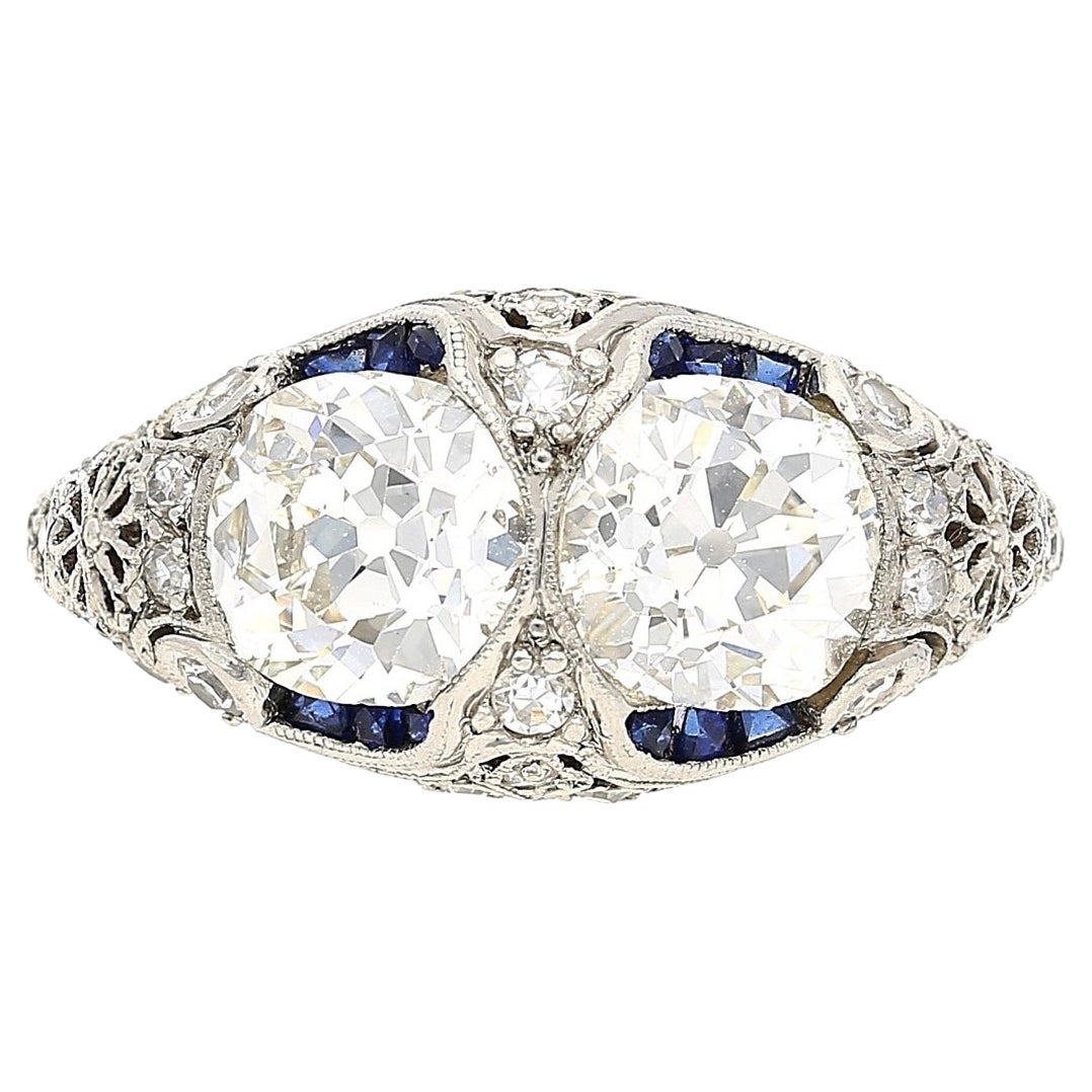 Bague Art déco en platine avec double diamant taille vieille mine de 3 carats, années 1930