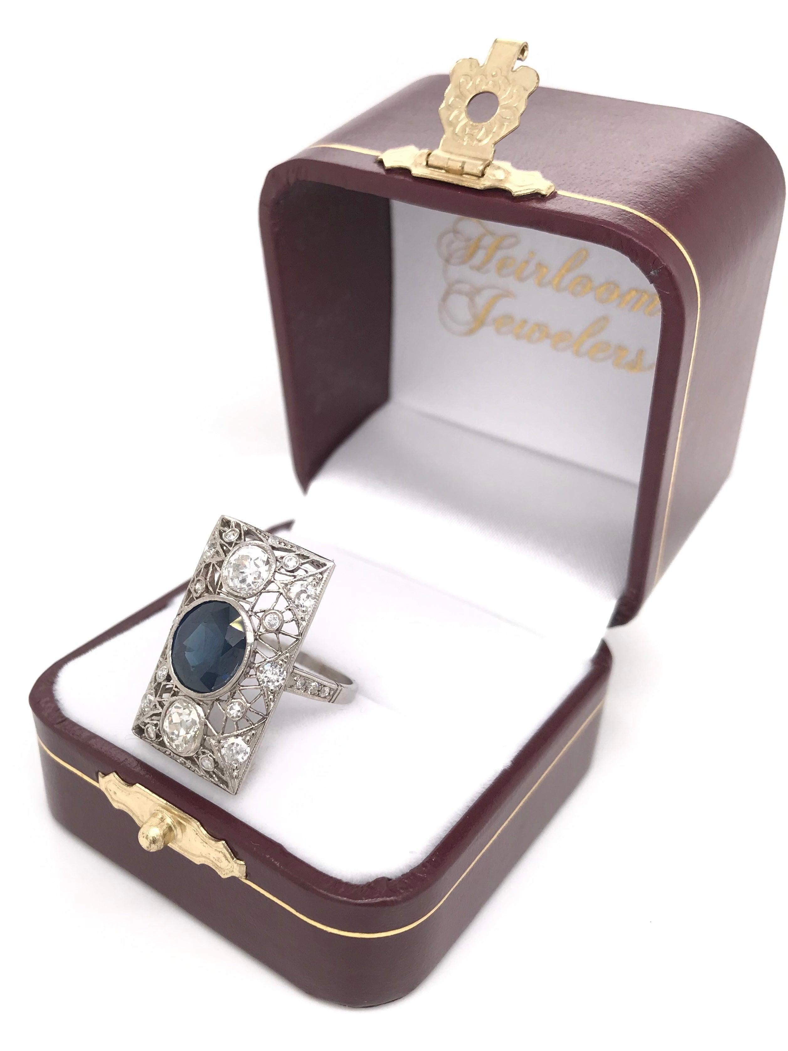 Art Deco 3 Carat Sapphire and Diamond Platinum Filigree Ring For Sale 6