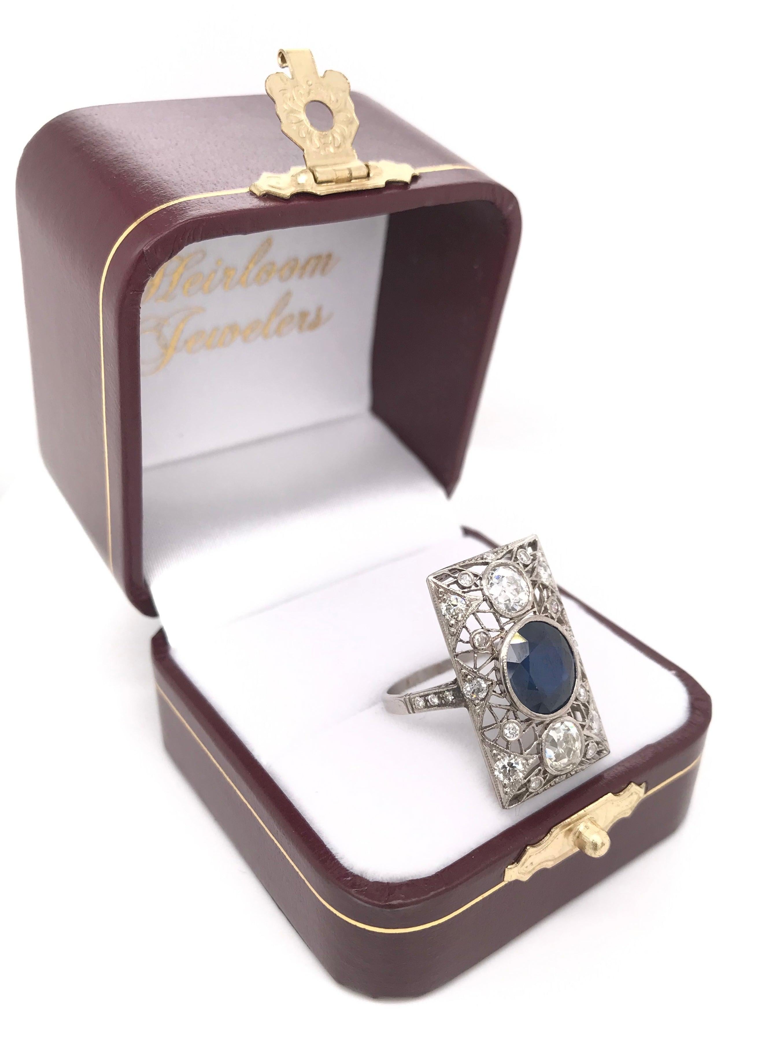 Art Deco 3 Carat Sapphire and Diamond Platinum Filigree Ring For Sale 9