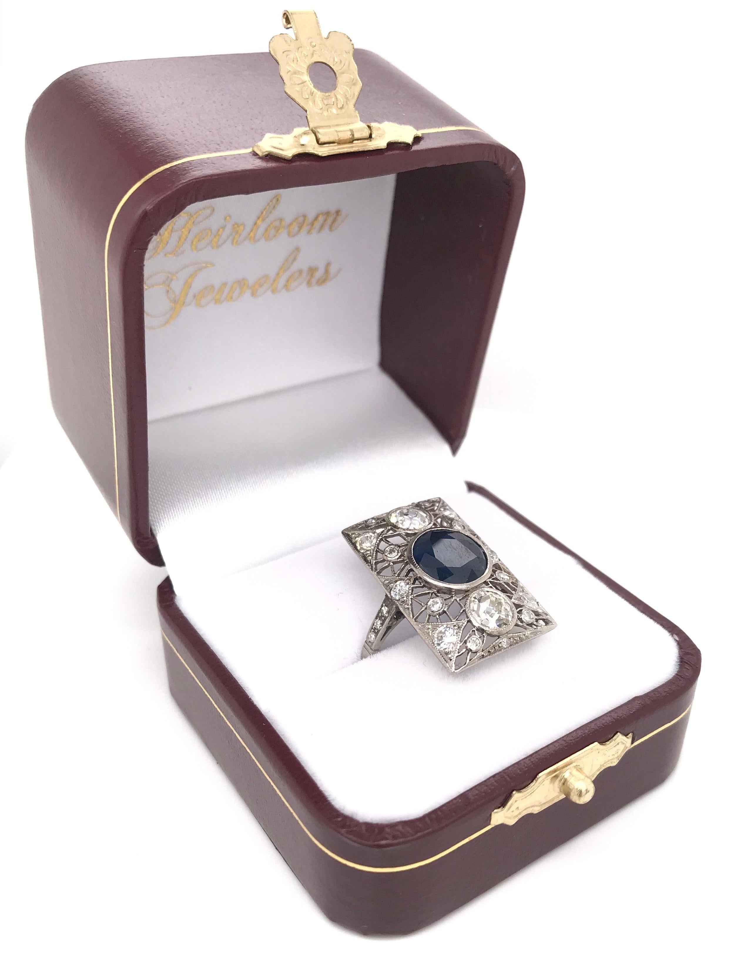 Art Deco 3 Carat Sapphire and Diamond Platinum Filigree Ring For Sale 12
