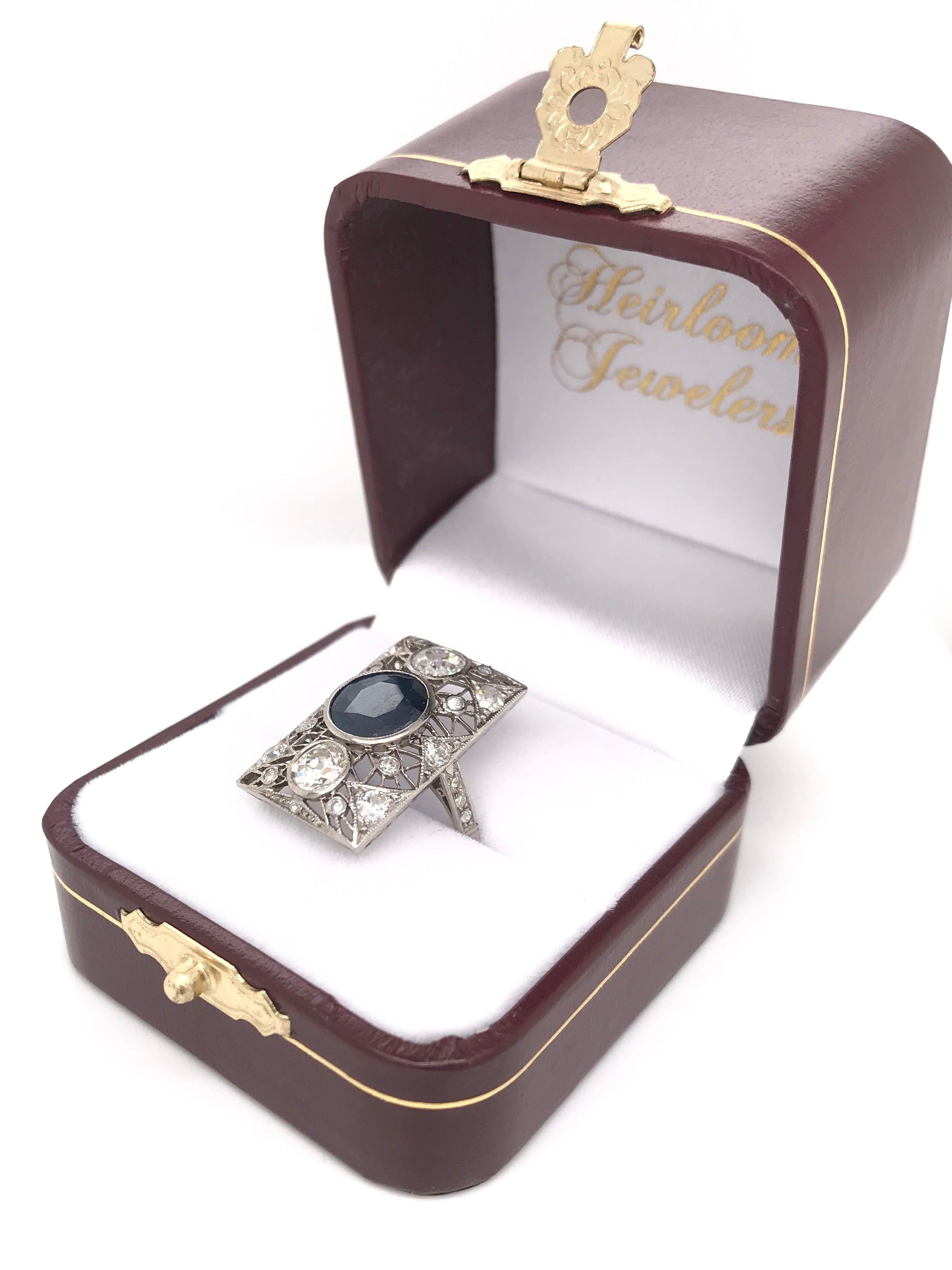 Art Deco 3 Carat Sapphire and Diamond Platinum Filigree Ring For Sale 13