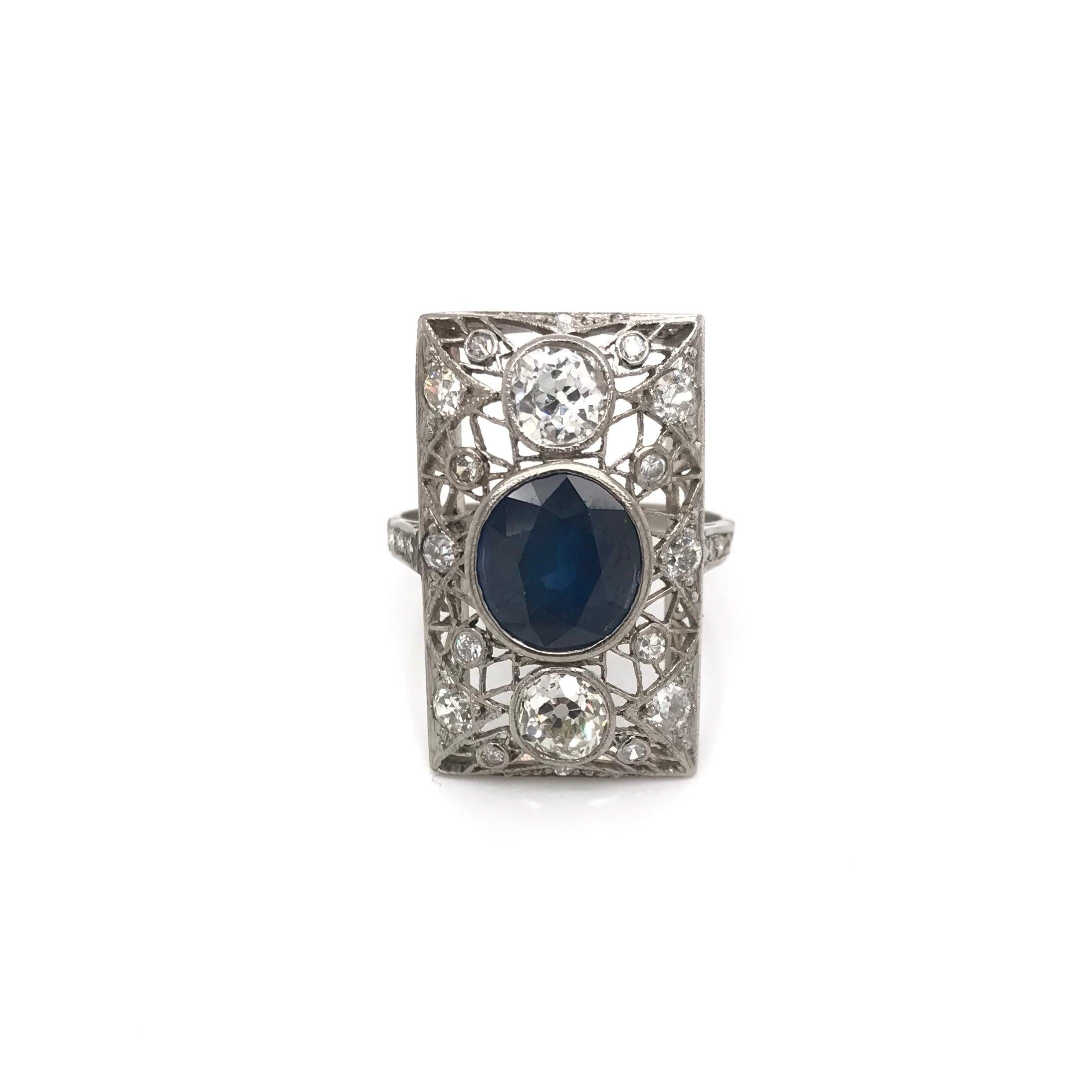 Women's Art Deco 3 Carat Sapphire and Diamond Platinum Filigree Ring For Sale