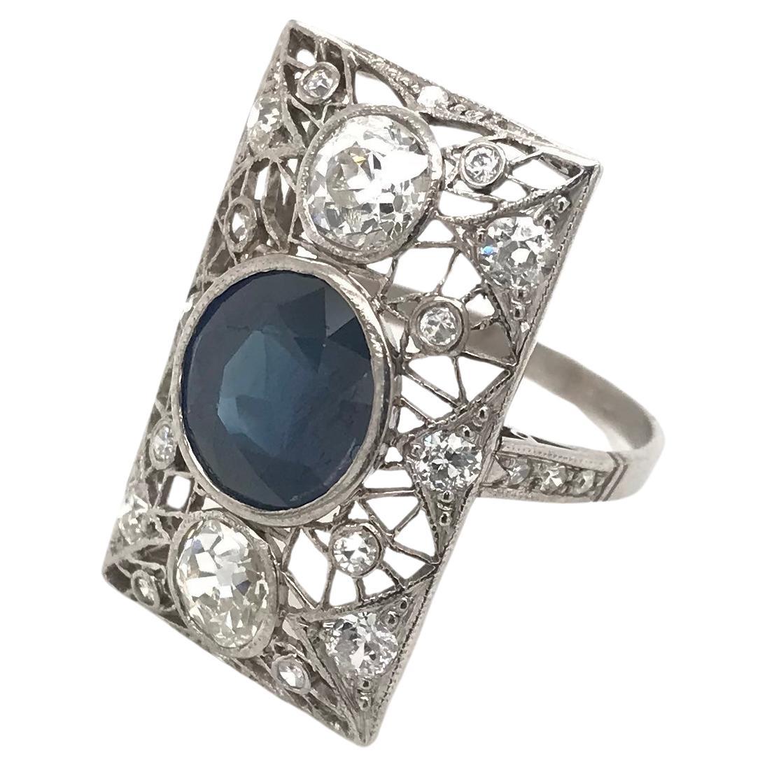 Art Deco 3 Carat Sapphire and Diamond Platinum Filigree Ring For Sale