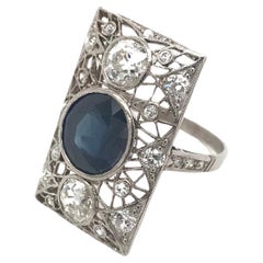 Antique Art Deco 3 Carat Sapphire and Diamond Platinum Filigree Ring
