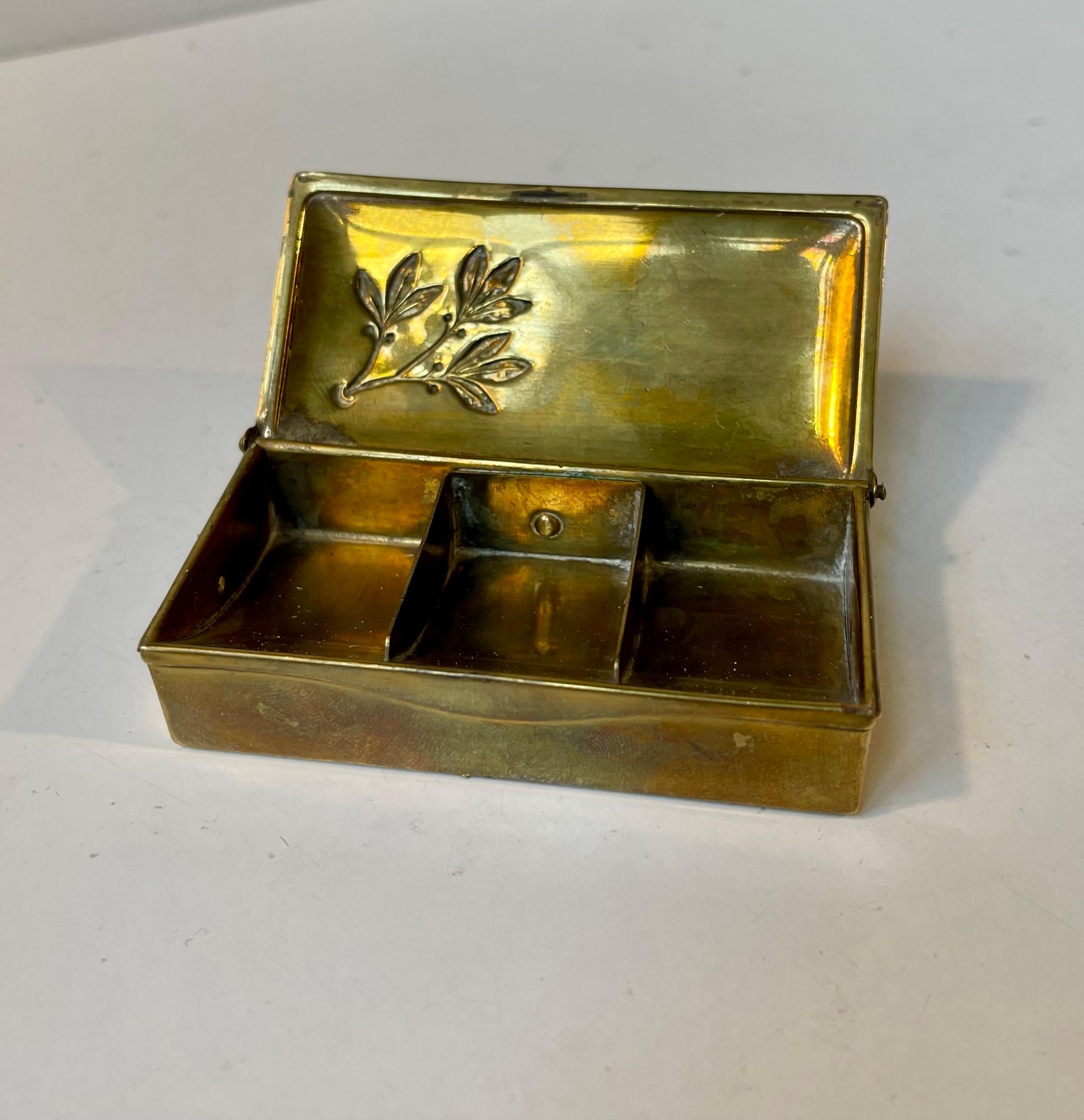 20th Century Art Deco 3 Compartment Pill Box in Brass, 1930s For Sale