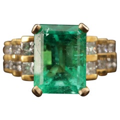 Art Deco 3 CT Certified Natural Emerald and Diamond Engagement Ring in 18K Gold