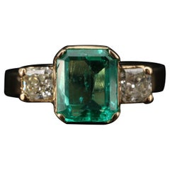 Art Deco 3 CT Certified Natural Emerald and Diamond Engagement Ring in 18K Gold