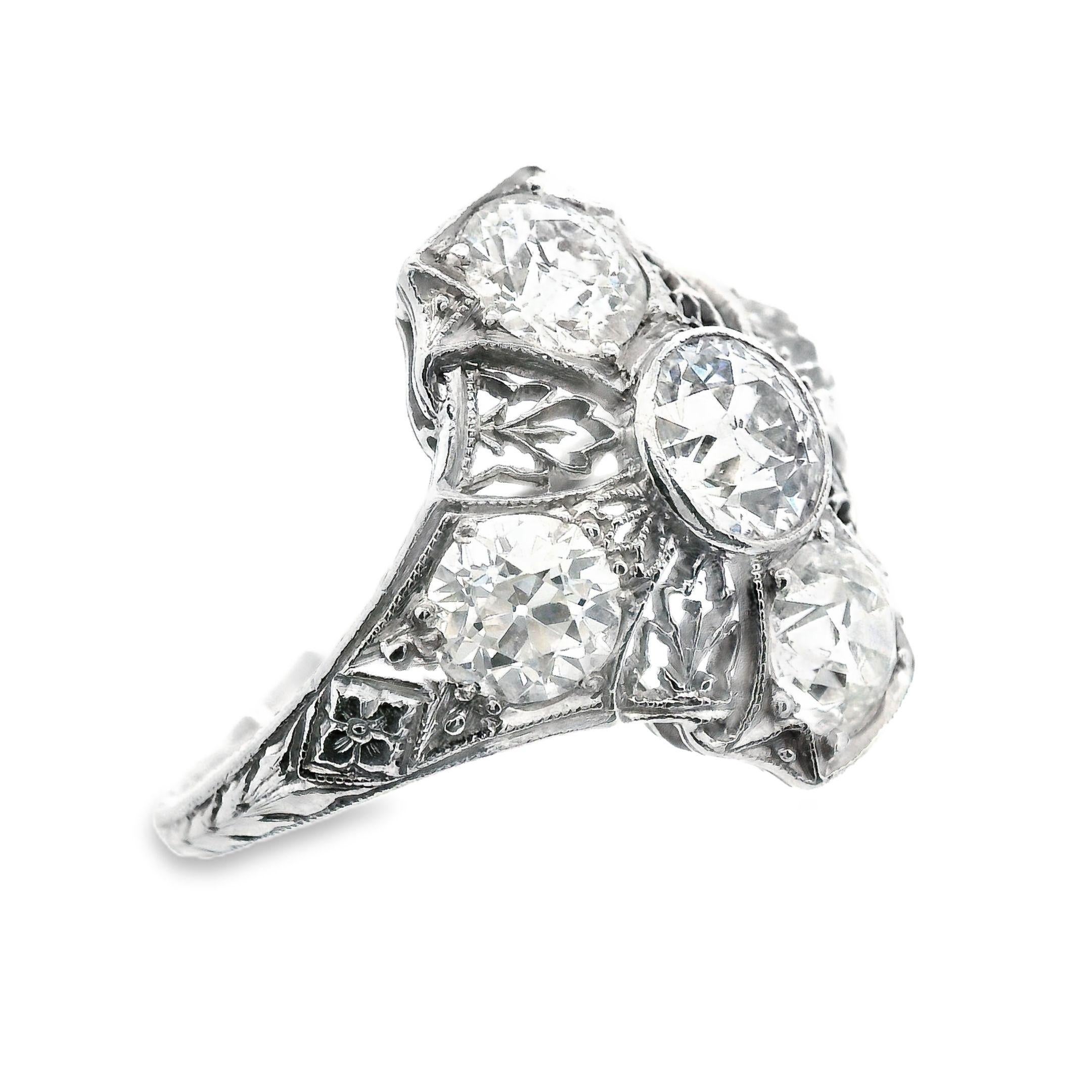 Old European Cut Art Deco 3 Cts European Cut Diamond Filigree Platinum Ring For Sale