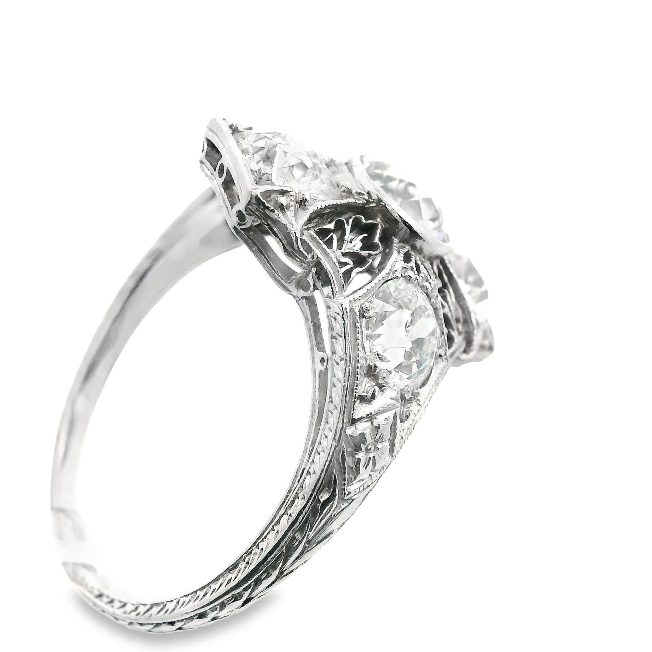 Women's Art Deco 3 Cts European Cut Diamond Filigree Platinum Ring For Sale