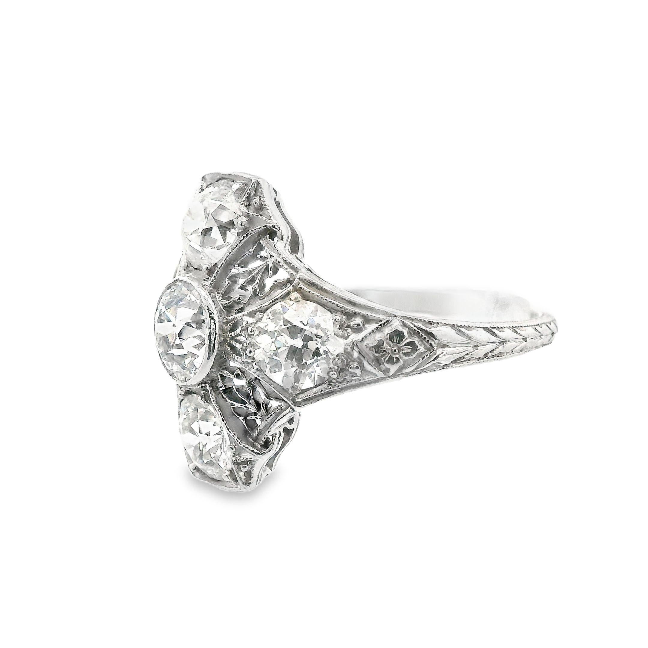 Art Deco 3 Cts European Cut Diamond Filigree Platinum Ring For Sale 2