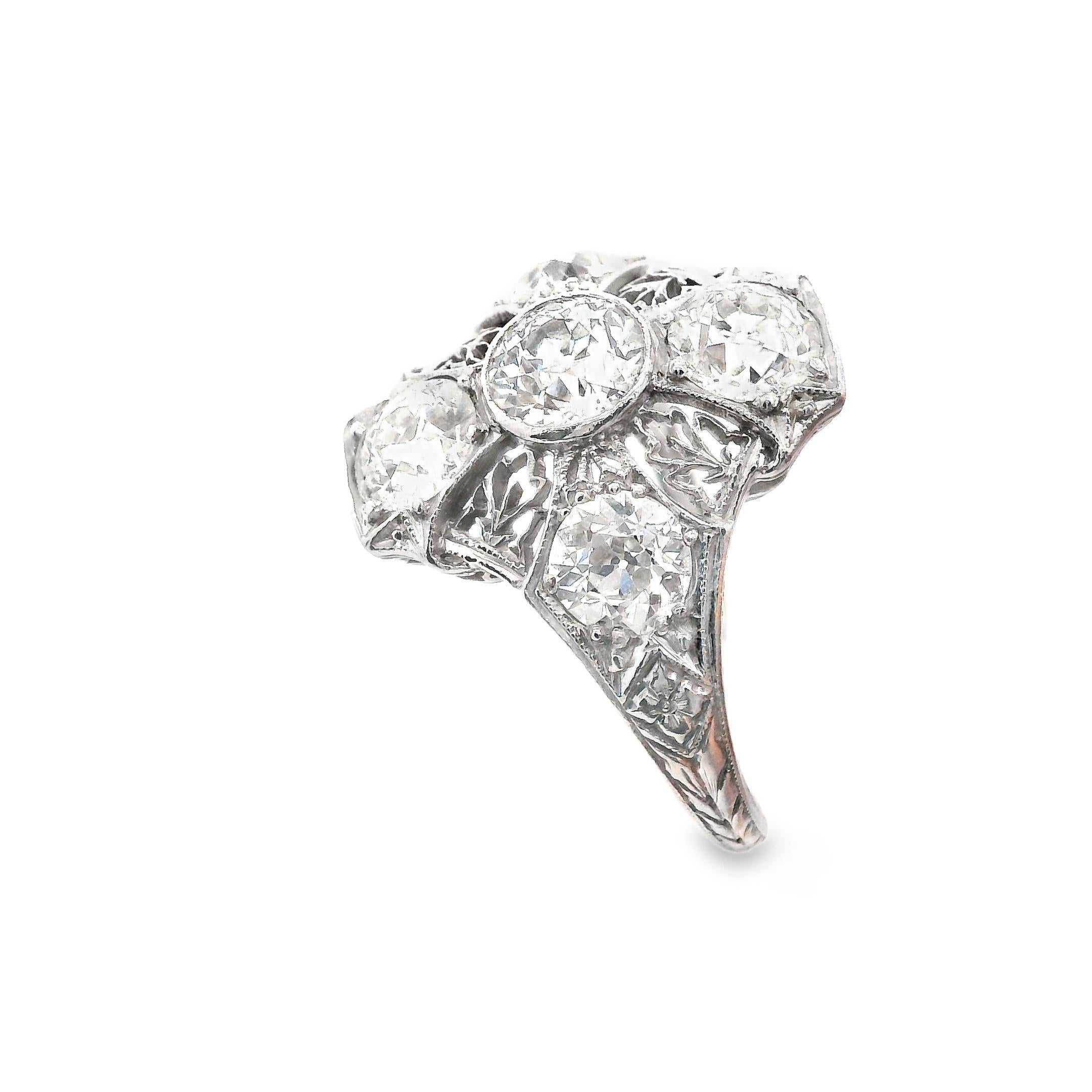 Art Deco 3 Cts European Cut Diamond Filigree Platinum Ring For Sale 3
