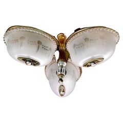 Art Deco 3-Lite Flush Mount Chandelier w/ Floral Etched Glass and Beaded Trim