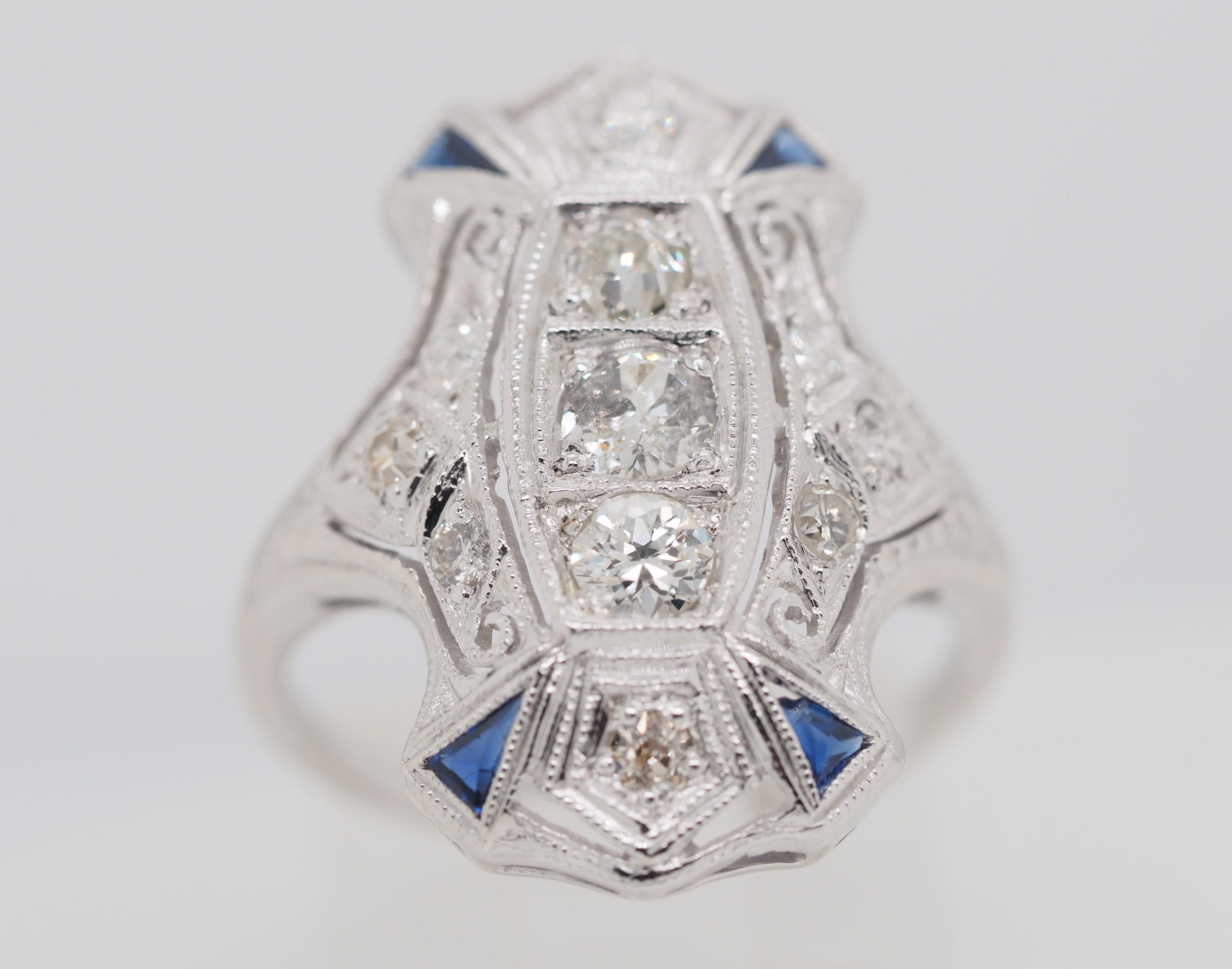Art Deco 3 Old Euro Cut Diamonds Blue Sapphires Platinum Shield Ring In Good Condition In Addison, TX