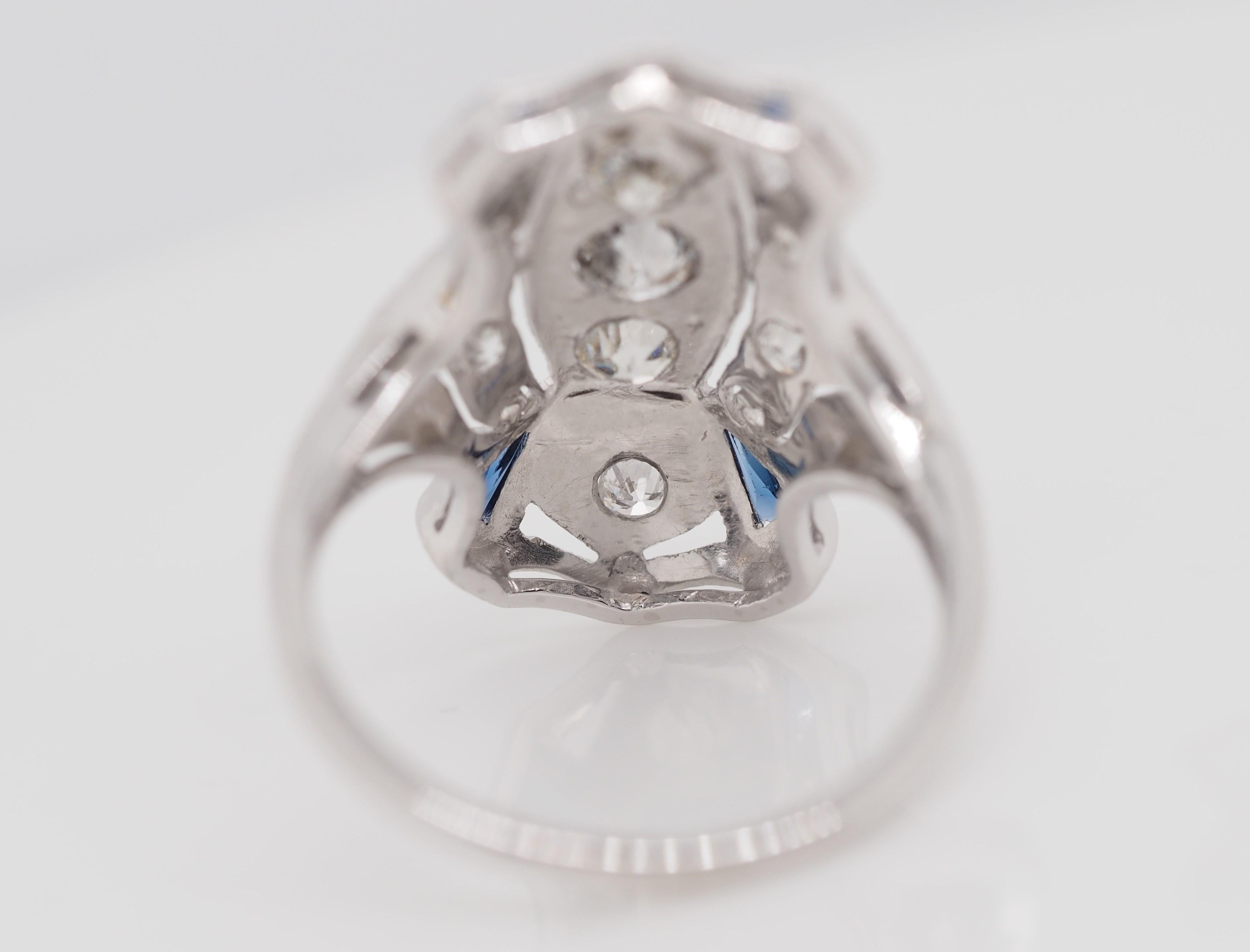 Women's Art Deco 3 Old Euro Cut Diamonds Blue Sapphires Platinum Shield Ring