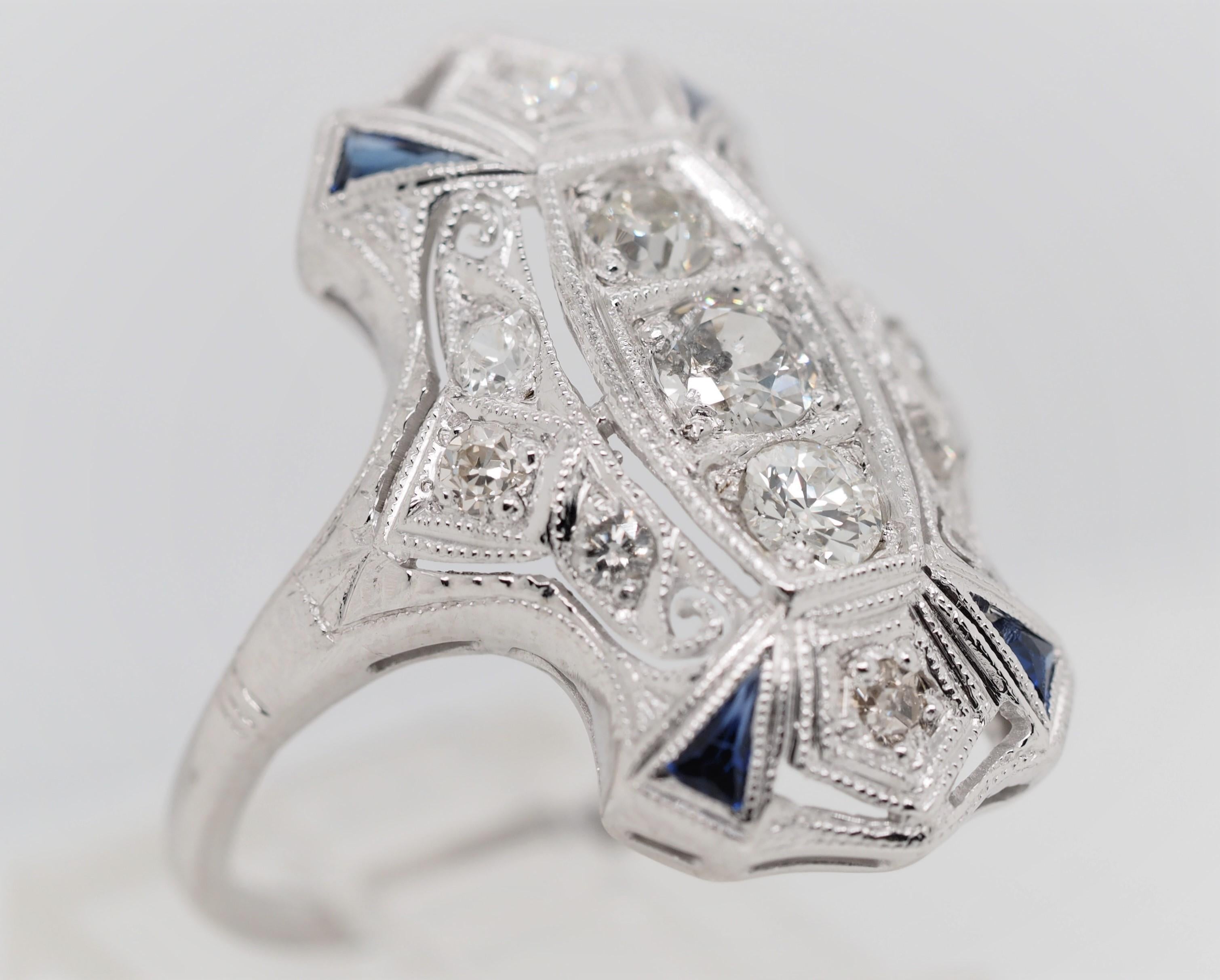 Art Deco 3 Old Euro Cut Diamonds Blue Sapphires Platinum Shield Ring 3