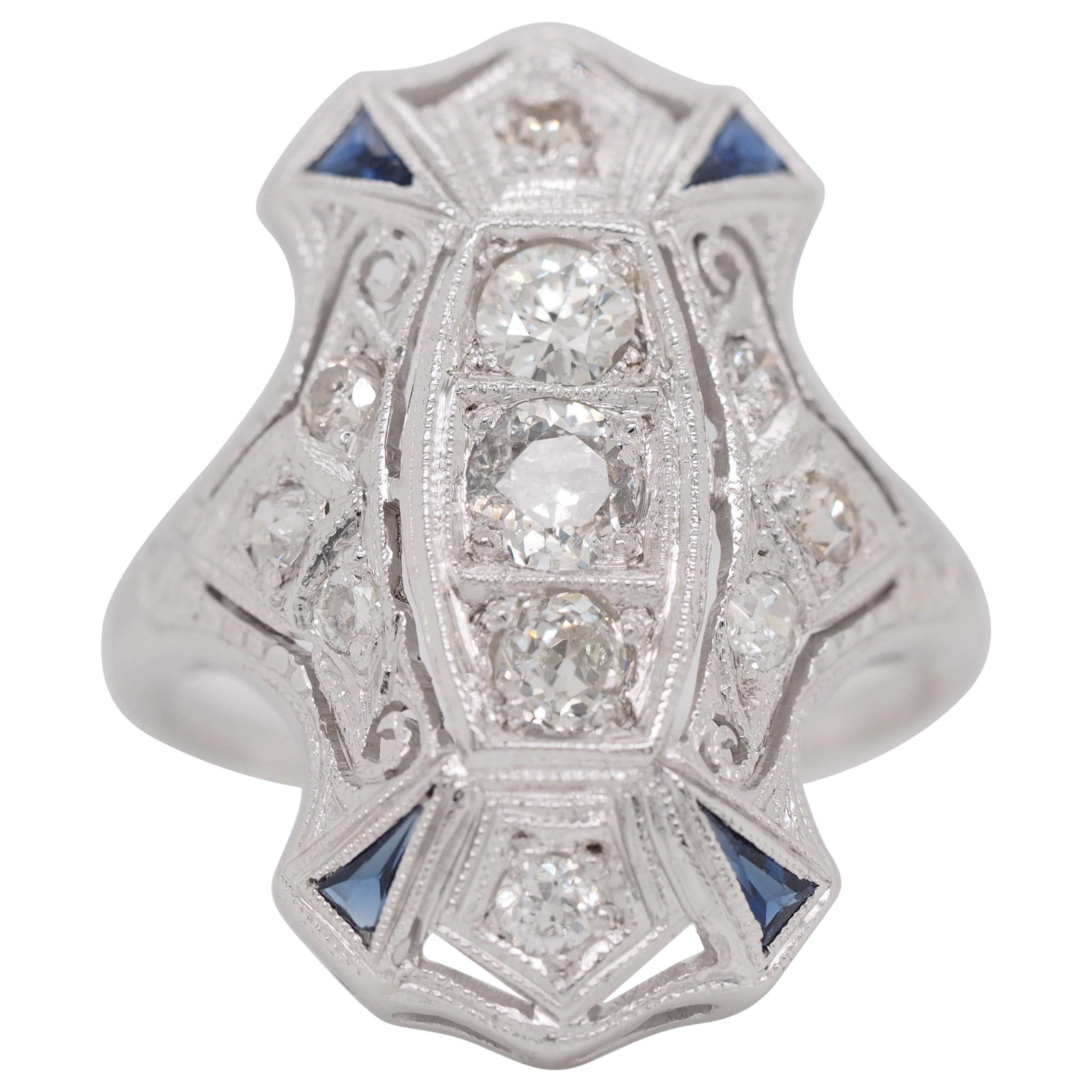 Art Deco 3 Old Euro Cut Diamonds Blue Sapphires Platinum Shield Ring