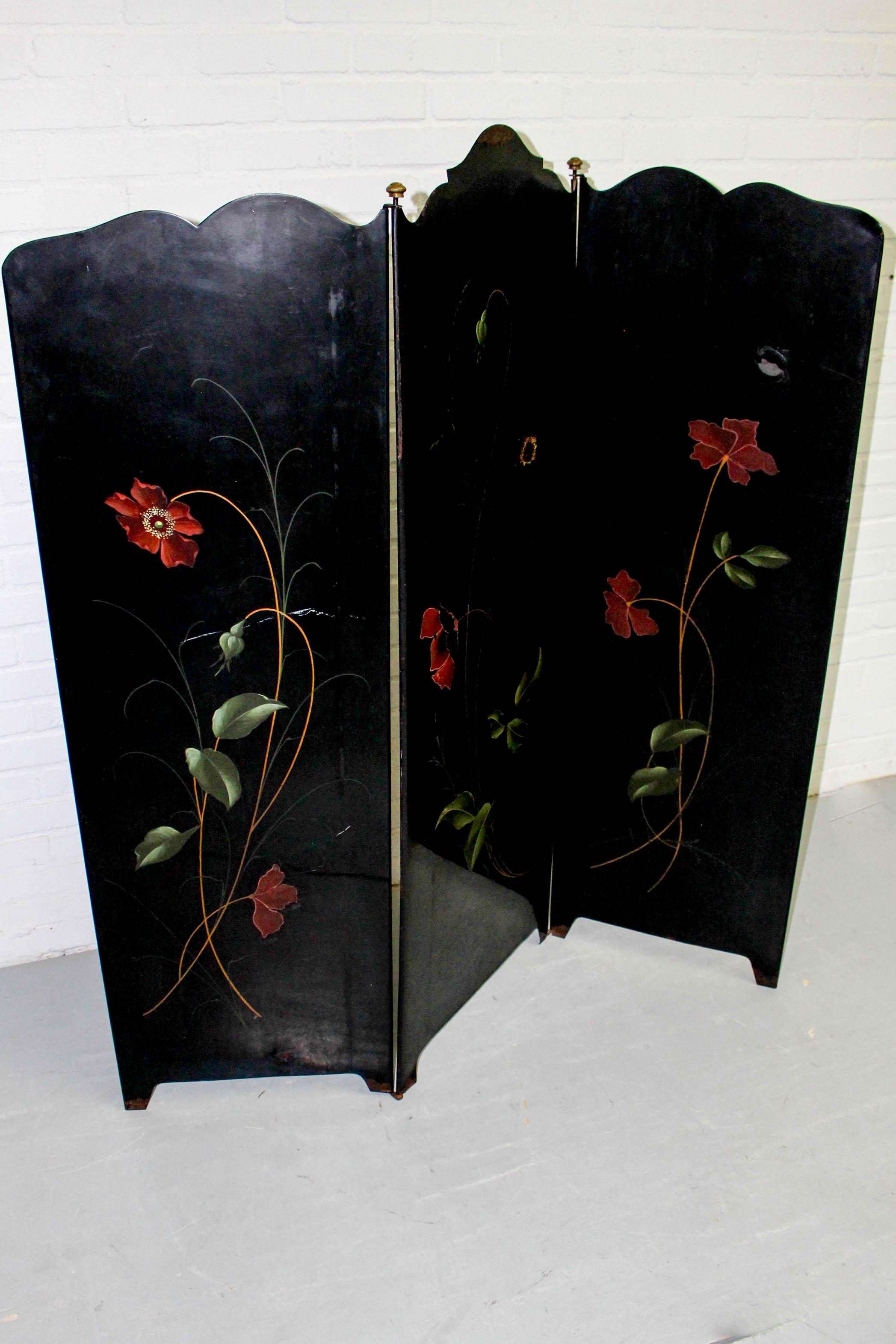 French Art Deco 3-Panel Folding Screen or Room Divider Black Metal Brass Details, Franc