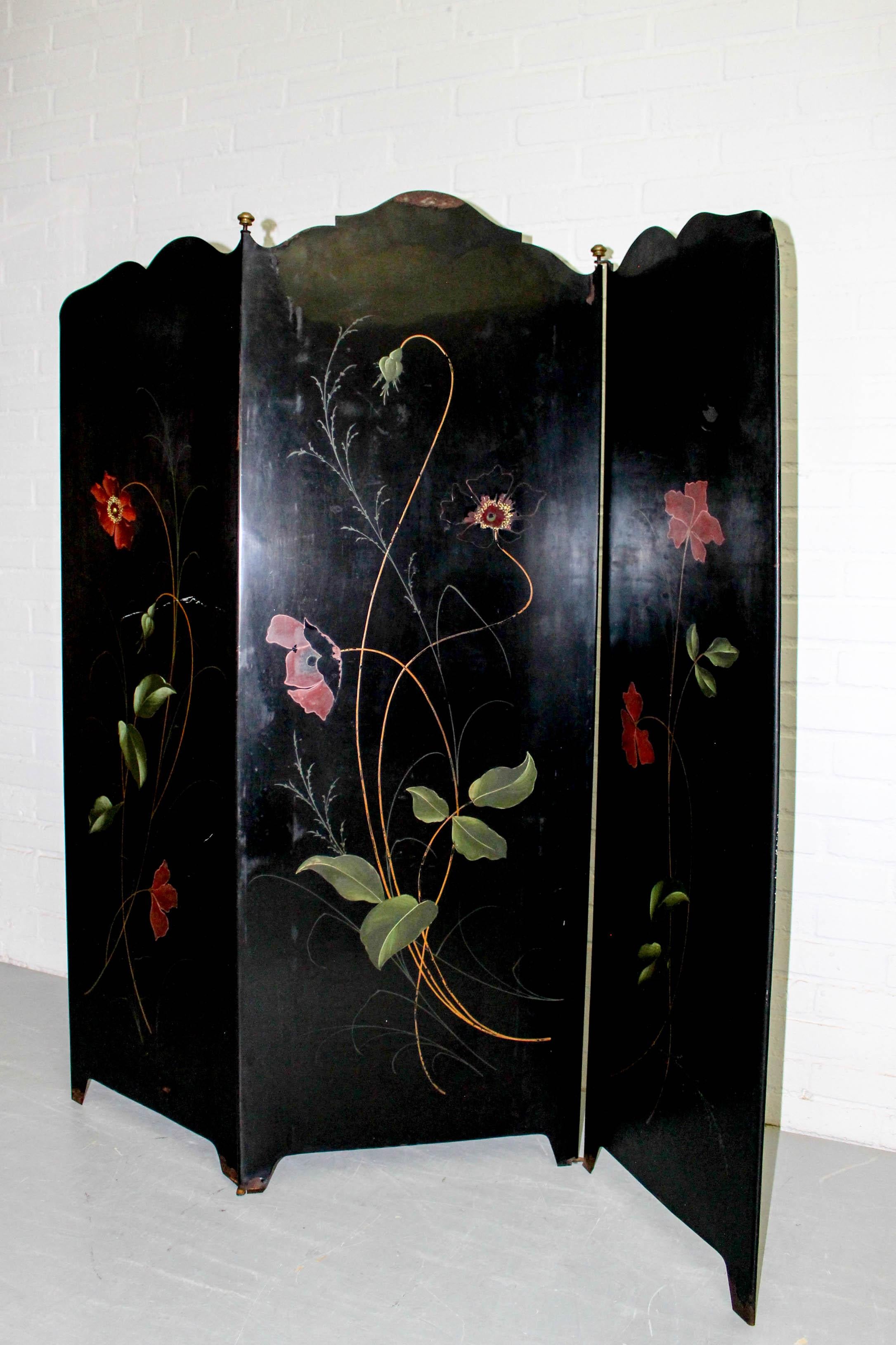 Early 20th Century Art Deco 3-Panel Folding Screen or Room Divider Black Metal Brass Details, Franc