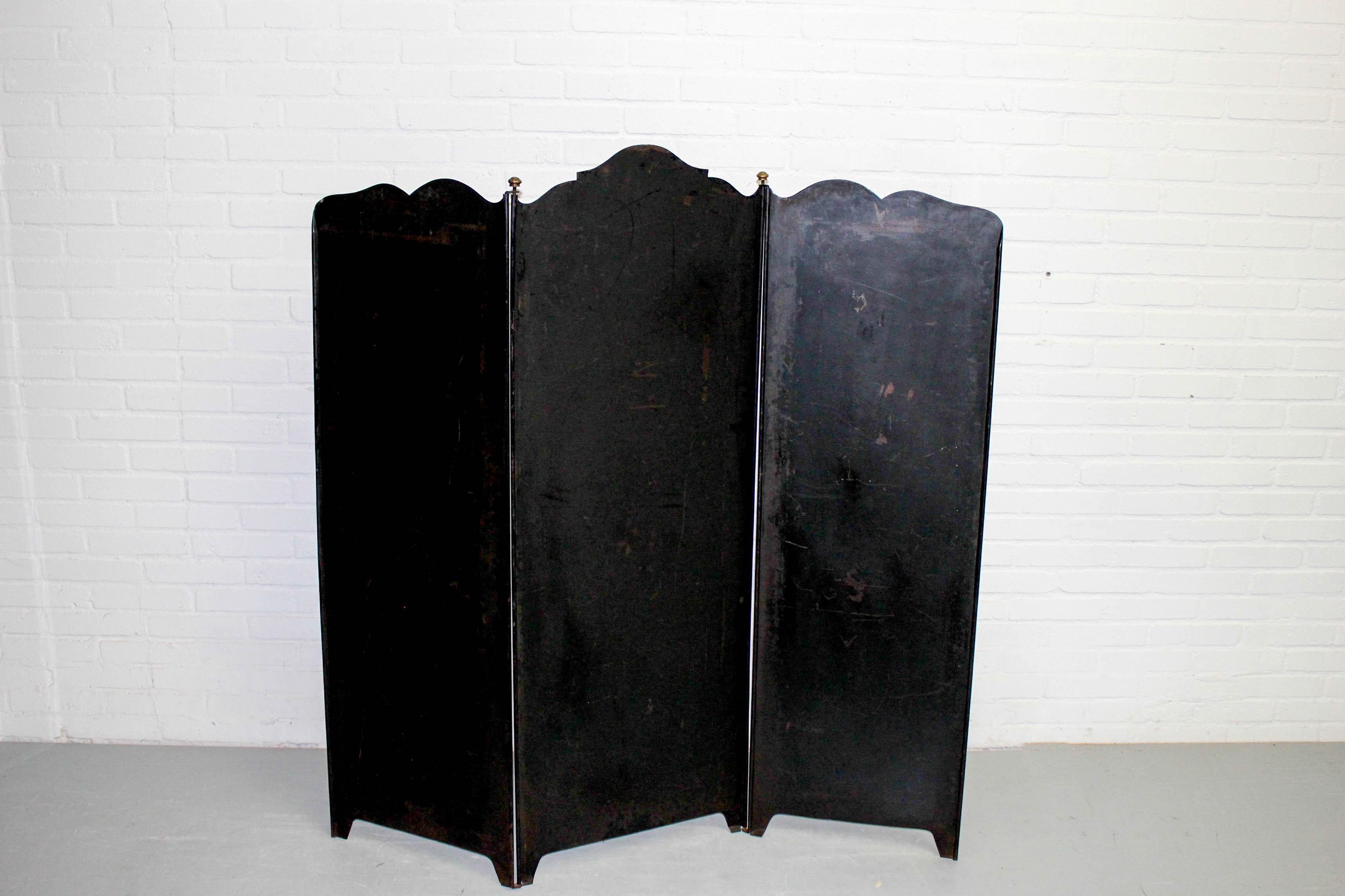 Art Deco 3-Panel Folding Screen or Room Divider Black Metal Brass Details, Franc 1