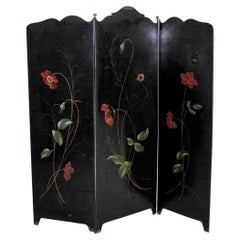 Antique Art Deco 3-Panel Folding Screen or Room Divider Black Metal Brass Details, Franc