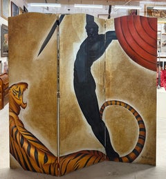Art Deco 3 Part Screen after Major Felton’s Warrior & Tiger by F. Wilcox