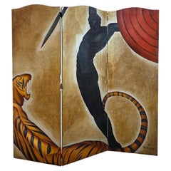 Art Deco 3 Part Screen after Major Felton’s Warrior & Tiger by F. Wilcox